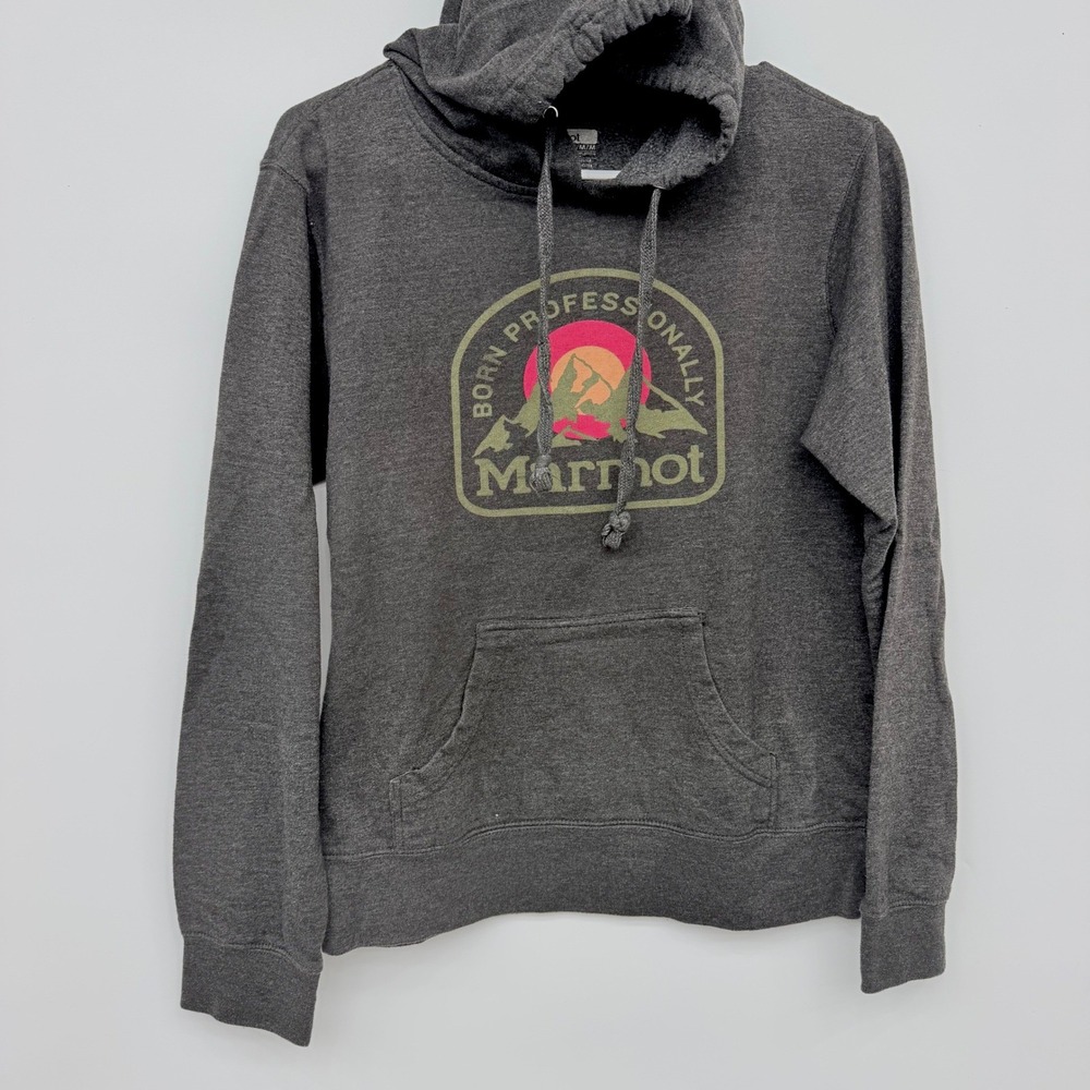 Marmot Graphic Hoodie Born Professionally Mountain Logo Mens‎ Medium Charcoal